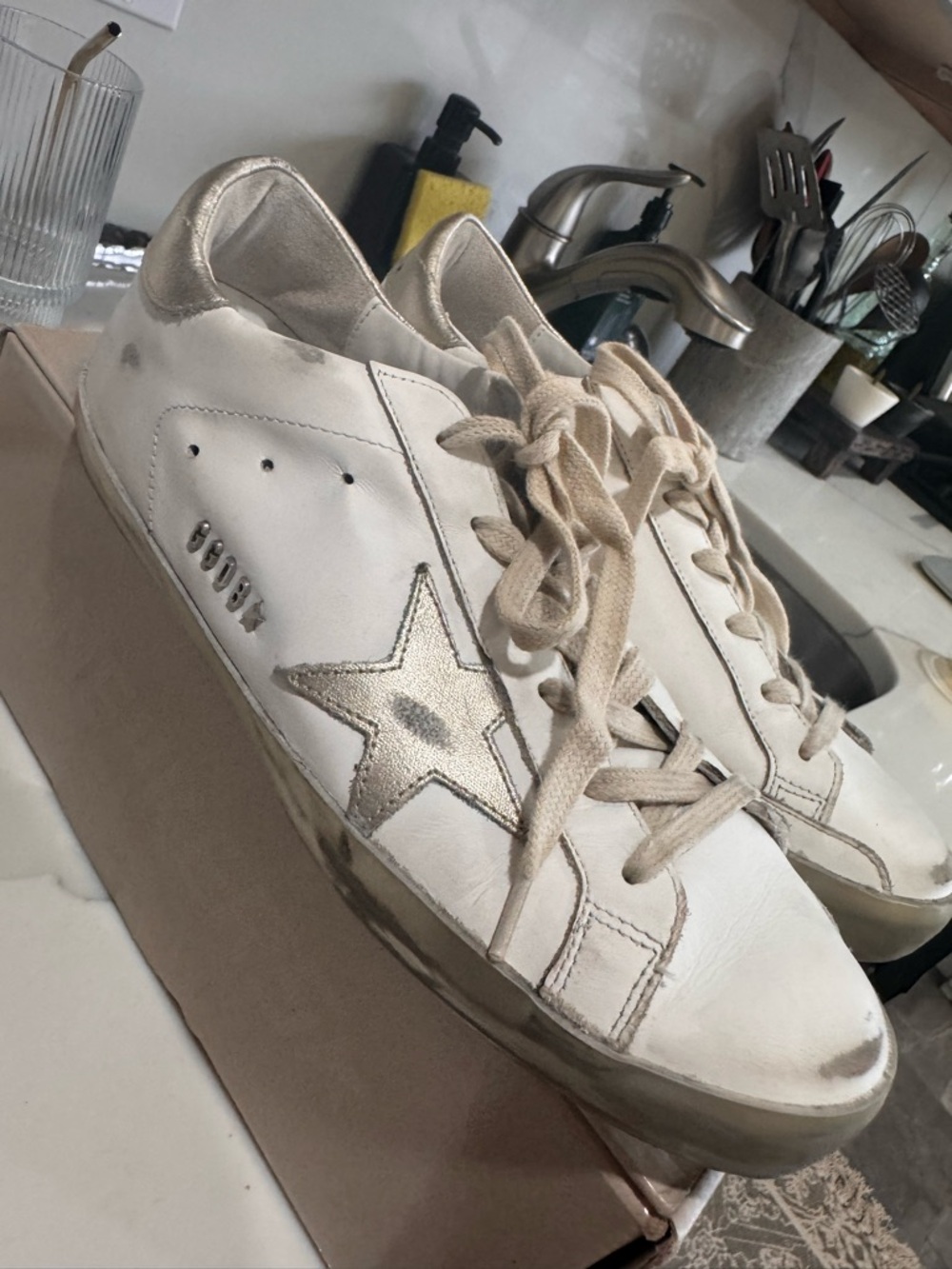 Golden Goose White and Gold Super-Star Classic Sneakers